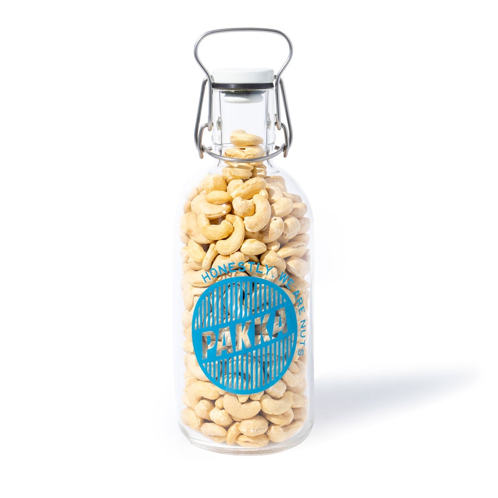 Pakka glass bottle FILL ME, 1 litre, filled with 620g organic Fairtrade cashews